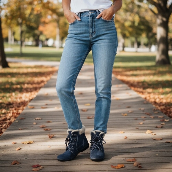 Earth Origins Crowley Navy Suede Faux Fur Lace Up Ankle Boots 11M NWOB - Picture 3 of 11